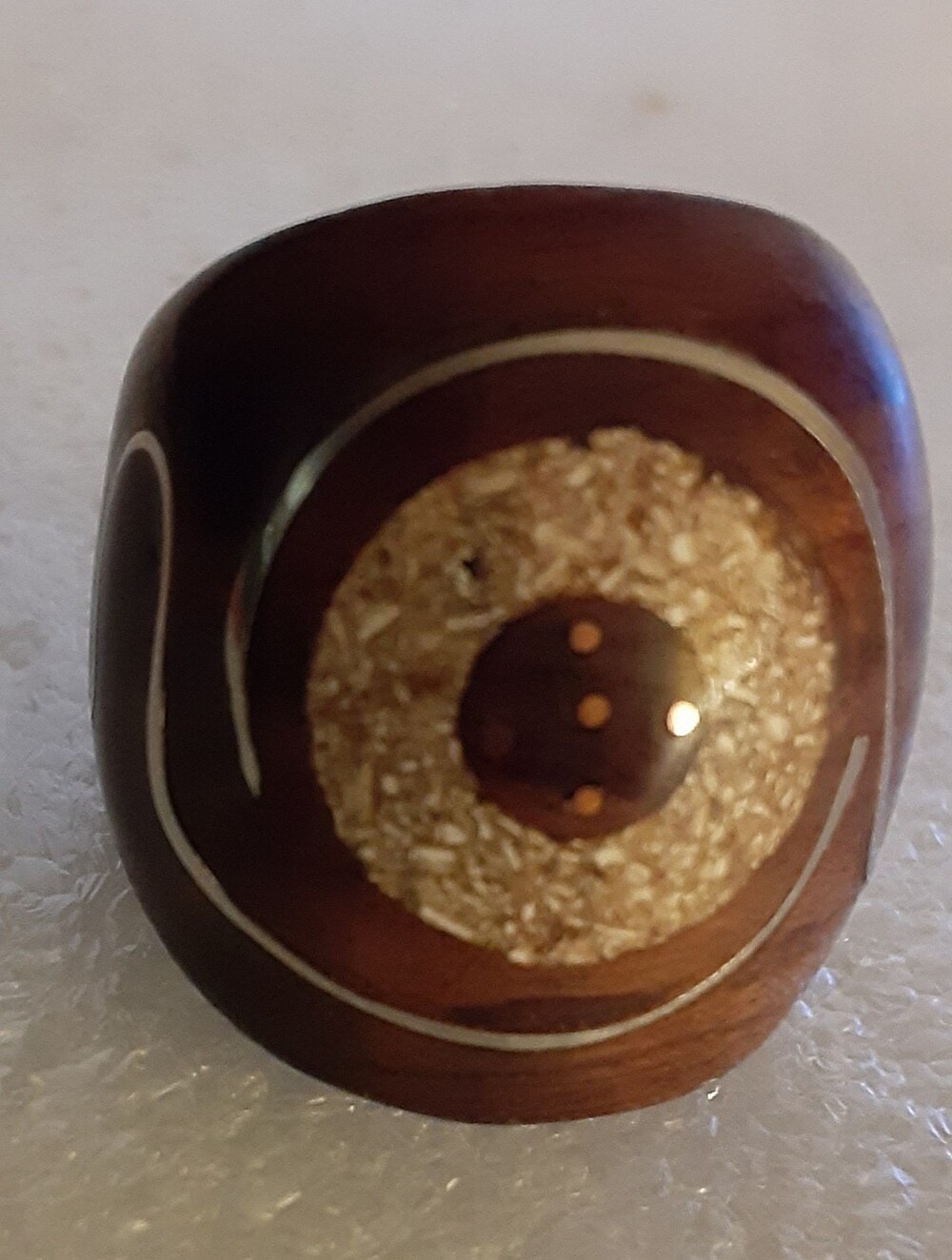 Artisan Style Made in Indonesia Wood Ring Silver Swirls. Size 8
